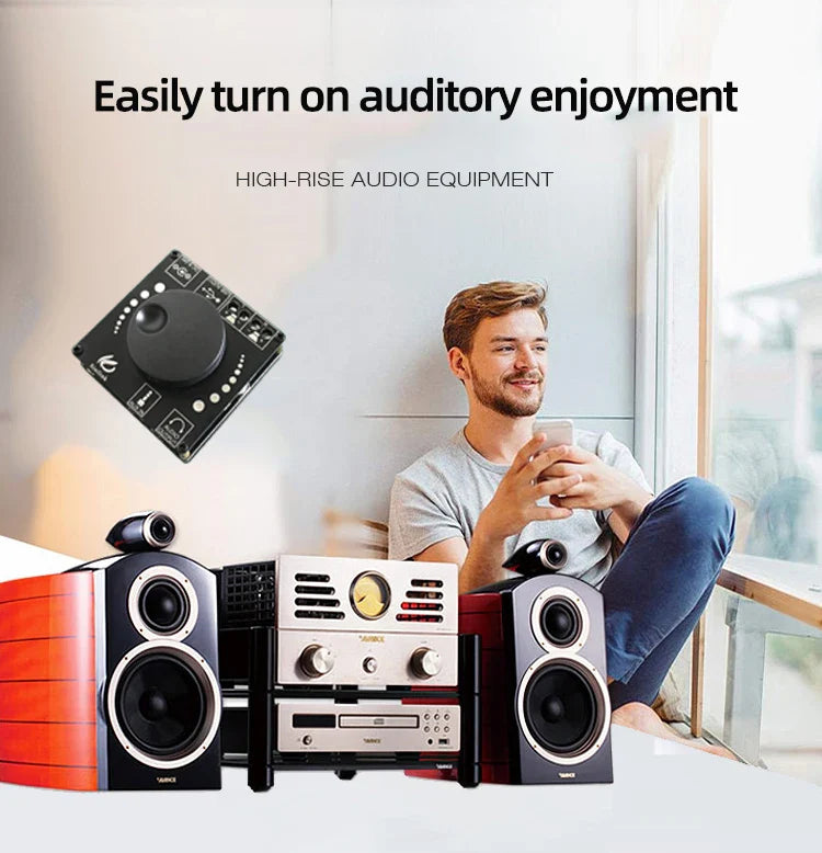 Black and silver xy-ap15h amplifier board with bluetooth 5.0 featuring red and black speakers for home theater use