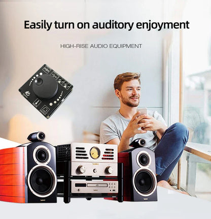 Black and silver xy-ap15h amplifier board with bluetooth 5.0 featuring red and black speakers for home theater use