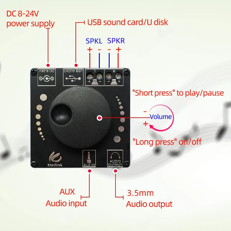 Black xy-ap15h amplifier board with central volume knob and labeled ports for power usb and static electricity protection