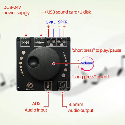 Black xy-ap15h amplifier board with central volume knob and labeled ports for power usb and static electricity protection