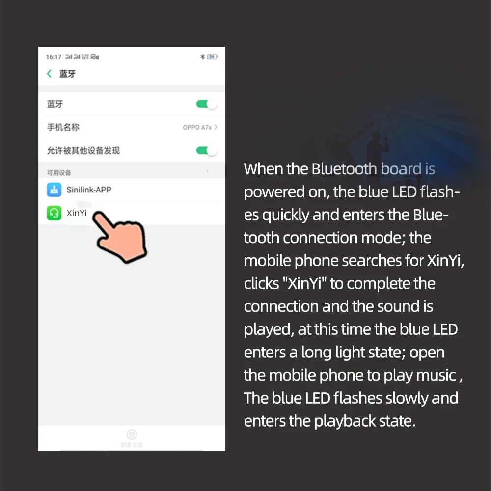 Bluetooth 5.0 xy-ap15h amplifier board with blue led indicator connected to xinyi app showing static electricity protection