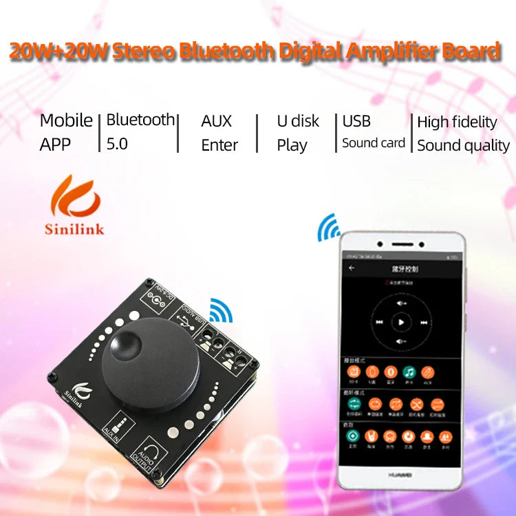Black sinilink xy-ap15h amplifier board with 20wx2 stereo bluetooth 5.0 and static electricity protection ports