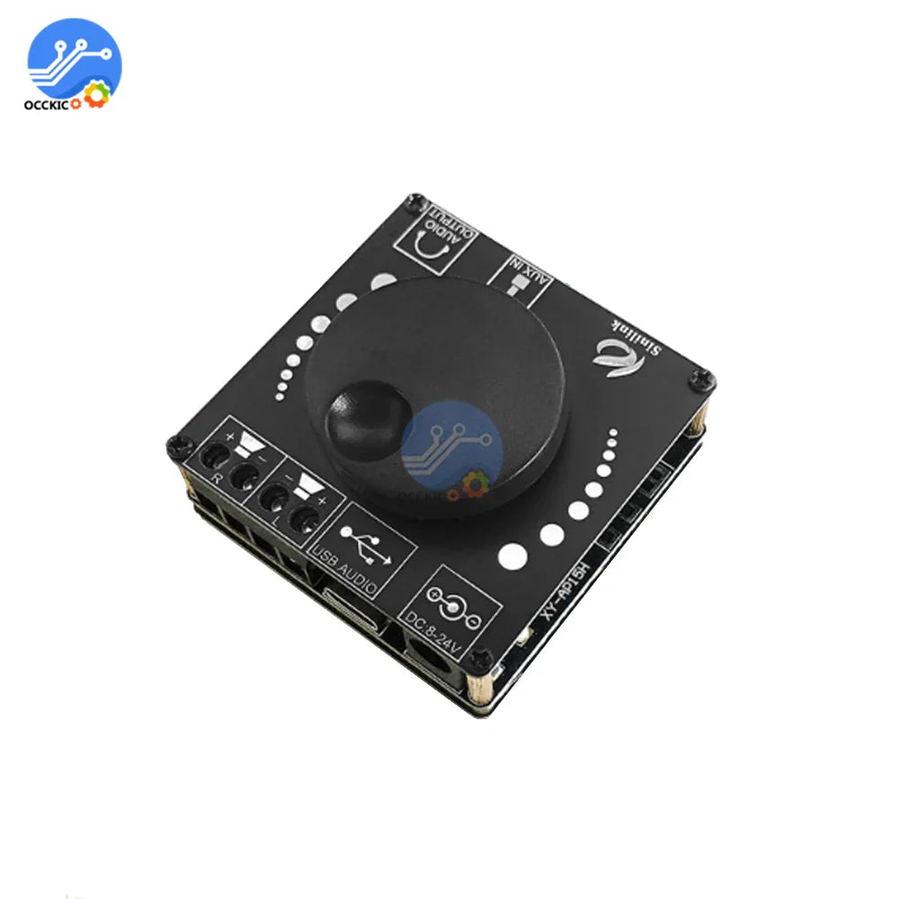 Black rectangular xy-ap15h amplifier board with central jog dial usb audio and dc 5-24v ports preventing static electricity