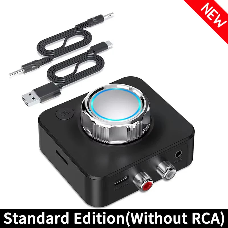 Black rectangular bluetooth audio receiver with silver knob and blue led lighting with cables for car speaker amplifier and headphone