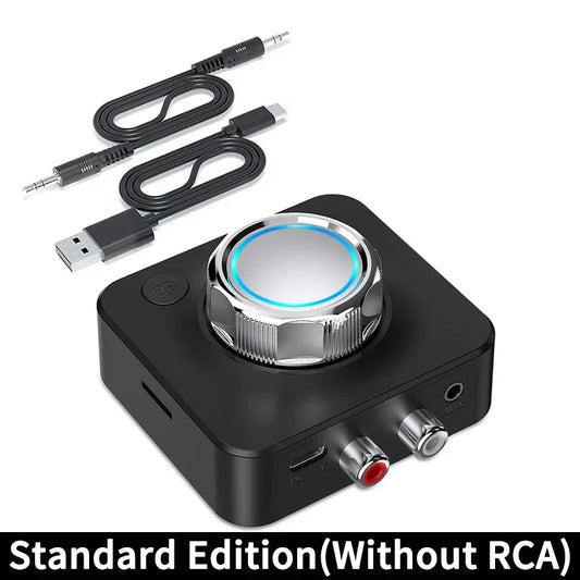 Black rectangular bluetooth 5.0 audio receiver with silver knob and glowing blue ring for car speaker amplifier headphone use