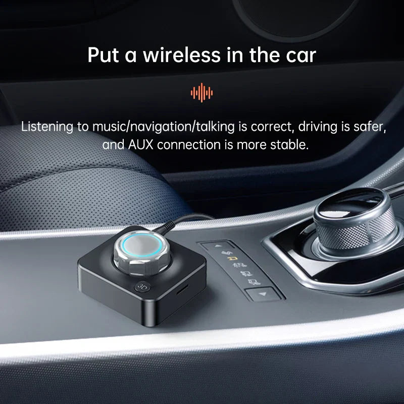 Black bluetooth 5.0 audio receiver with silver control knob and blue led ring for car speaker amplifier headphone use