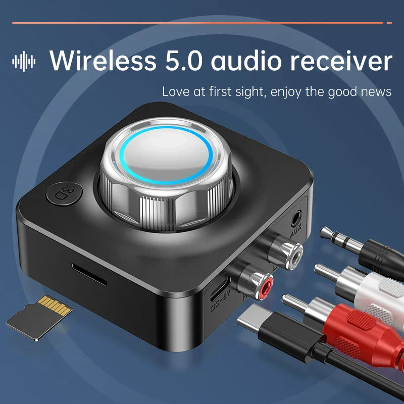 Black bluetooth 5.0 audio receiver with silver rotary knob and multiple ports for car speaker amplifier headphone use