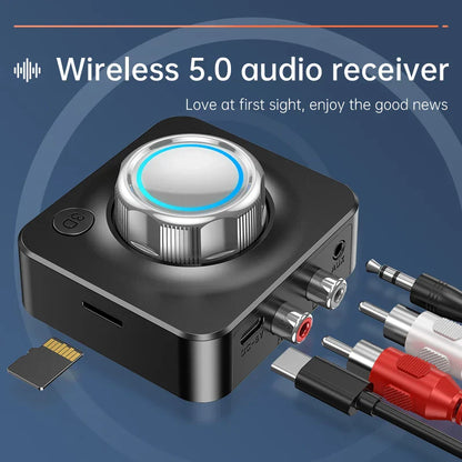 Black bluetooth 5.0 audio receiver with silver rotary knob and multiple ports for car speaker amplifier headphone use