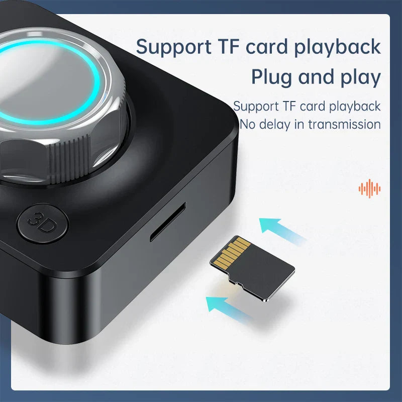 Black rectangular bluetooth 5.0 audio receiver with silver rotary dial and 3d button for car speaker amplifier use