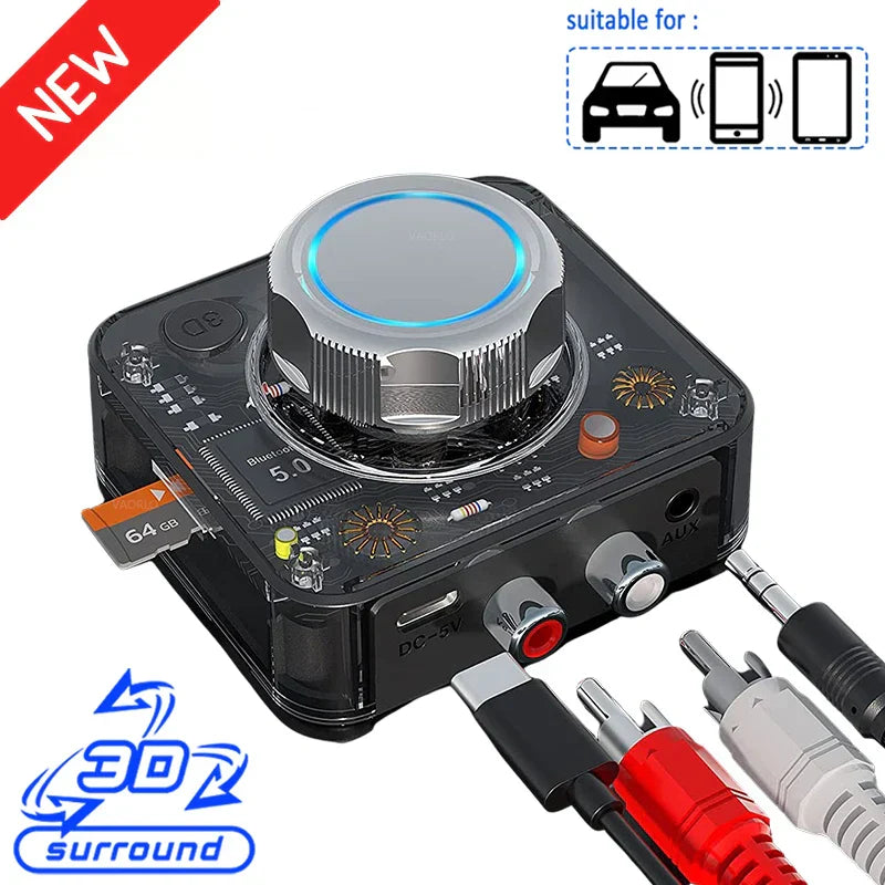Black plastic bluetooth audio receiver with silver rotary knob blue led and multiple ports for car speaker amplifier use