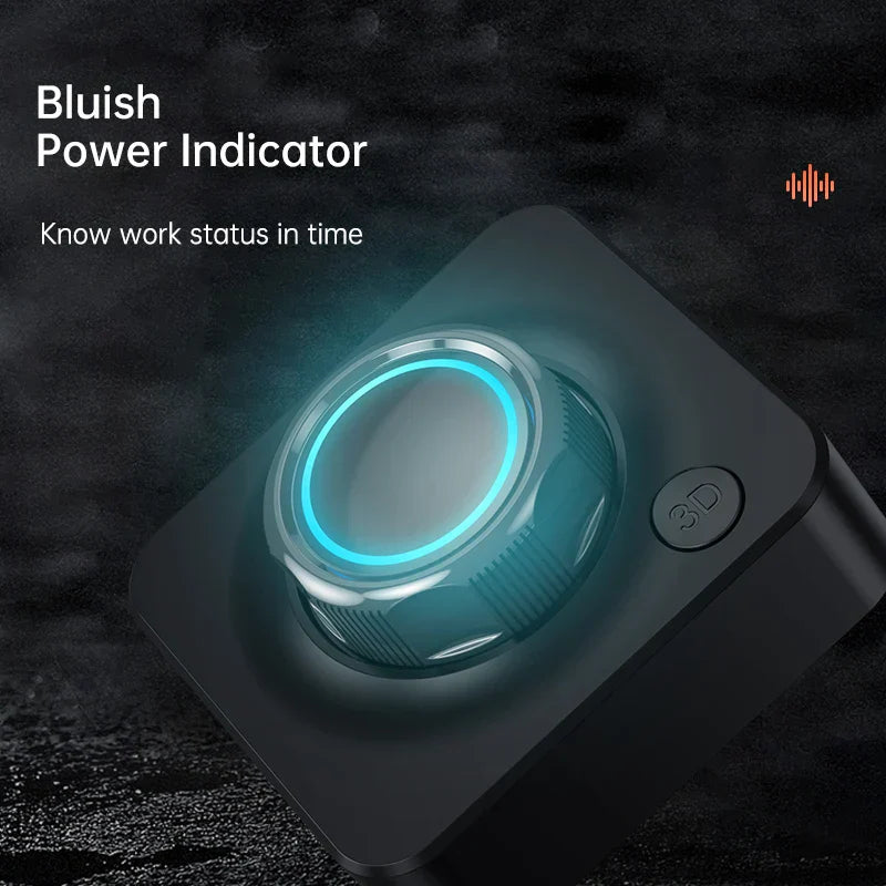 A sleek black Bluetooth 5.0 audio receiver with blue power indicator for car speaker amplifier and headphone use