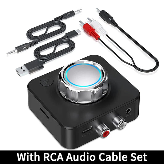 Black rectangular bluetooth audio receiver with silver volume knob and glowing blue ring for car speaker amplifier use