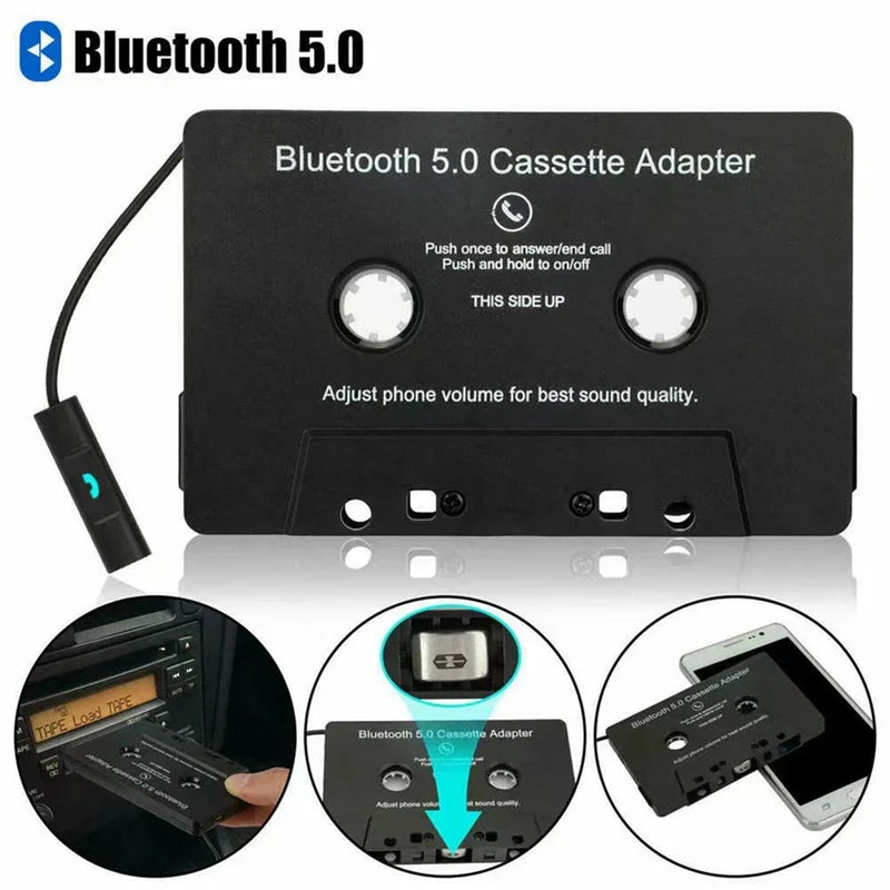 Black bluetooth 5.0 cassette player with sleek compact design in pairing mode for car audio and handsfree use