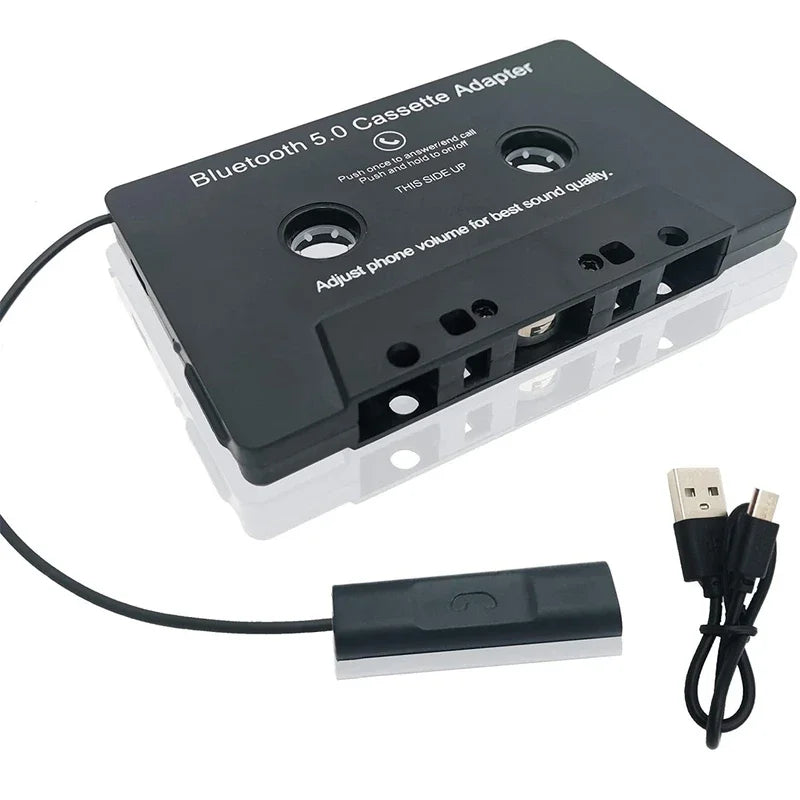 Black plastic bluetooth 5.0 cassette player with usb and micro-usb cables for car audio pairing mode use