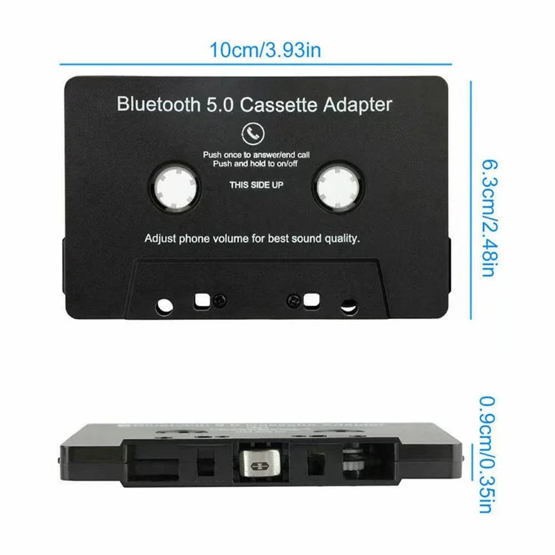 Black plastic bluetooth 5.0 cassette player with silver buttons and white text for car audio pairing mode use
