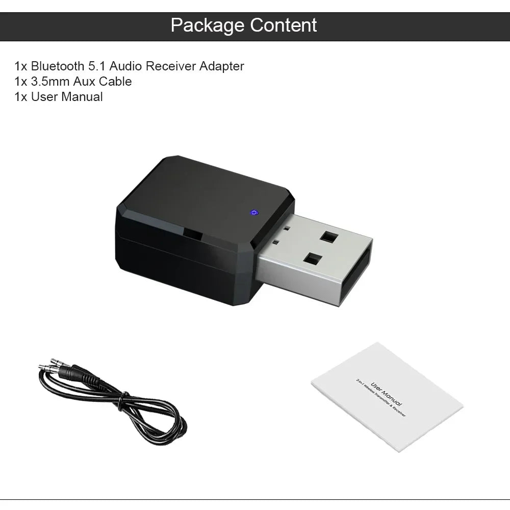 Black usb adapter auto bluetooth 5.1 audio receiver with silver connector and blue led for car radio mp3 power audio receiver