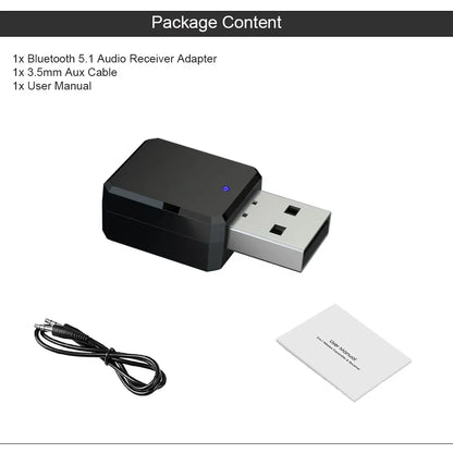 Black usb adapter auto bluetooth 5.1 audio receiver with silver connector and blue led for car radio mp3 power audio receiver