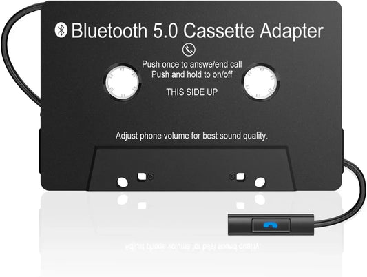 Black bluetooth 5.0 audio adapter tape with circular buttons designed as tape desk player for listening mobile phone music in car