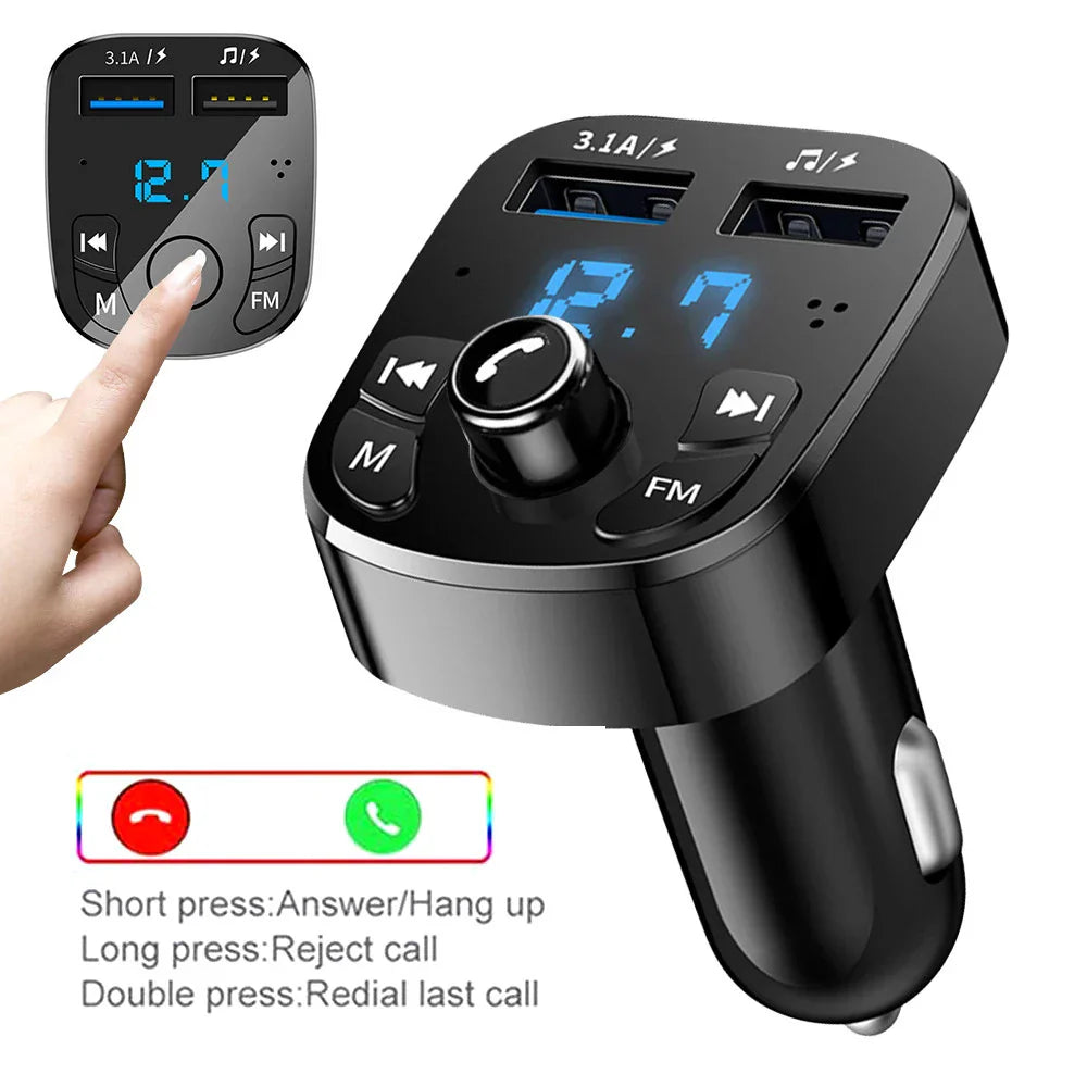 Black bluetooth 5.0 fm transmitter car kit with dual usb charger control buttons support tf card aux mp3 modulator