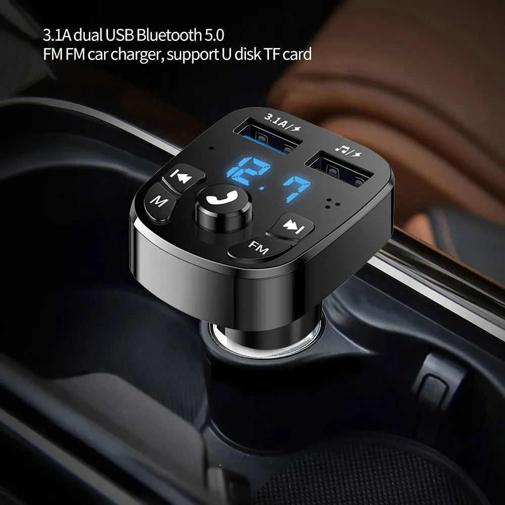 Black plastic bluetooth 5.0 fm transmitter car kit with dual usb 3.1a port support tf card aux mp3 modulator