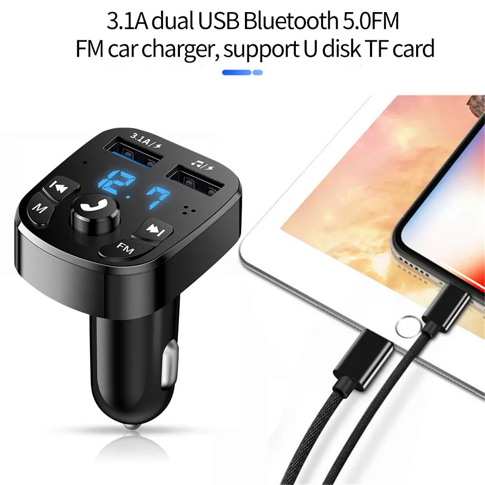 Black plastic bluetooth 5.0 fm transmitter car kit with dual usb car charger support tf card aux mp3 modulator