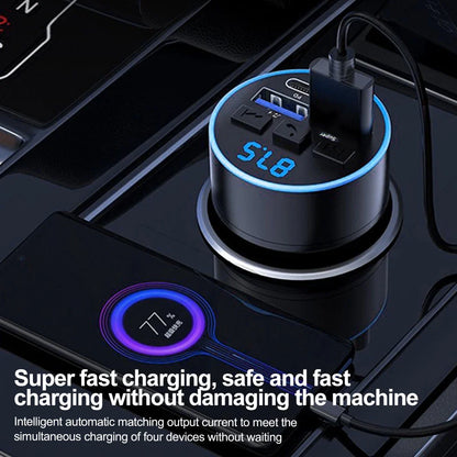 Black cylindrical bluetooth 5.0 fm transmitter handsfree car aux radio modulator with blue led volt display and usb fast charge ports