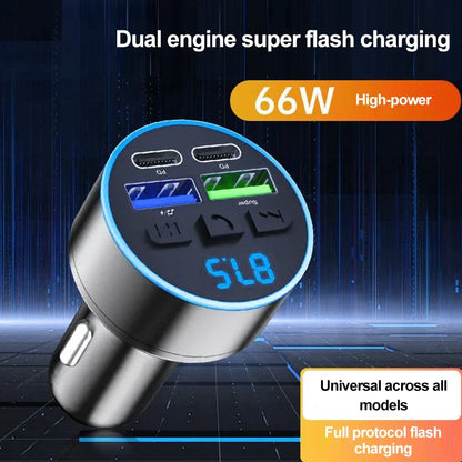 Silver transmitter handsfree car aux radio modulator with 66w usb fast charge dual usb-c and usb-a ports and blue led volt display