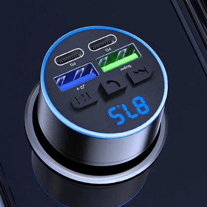 Black and silver transmitter handsfree car aux radio modulator with blue led display and usb fast charge ports including green supercharge