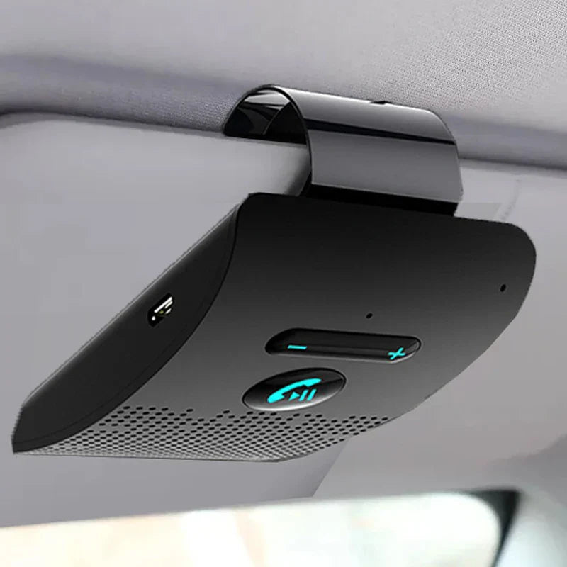 Black handsfree car kit with sleek curved design and blue led indicators featuring noise cancelling wireless audio receiver