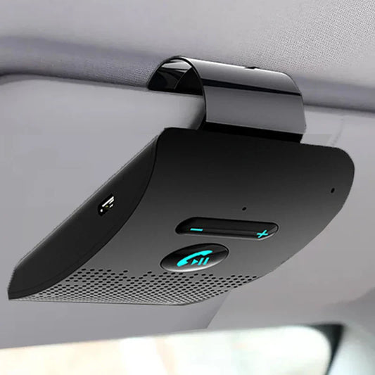 Black handsfree car kit with sleek curved design and blue led indicators featuring noise cancelling wireless audio receiver