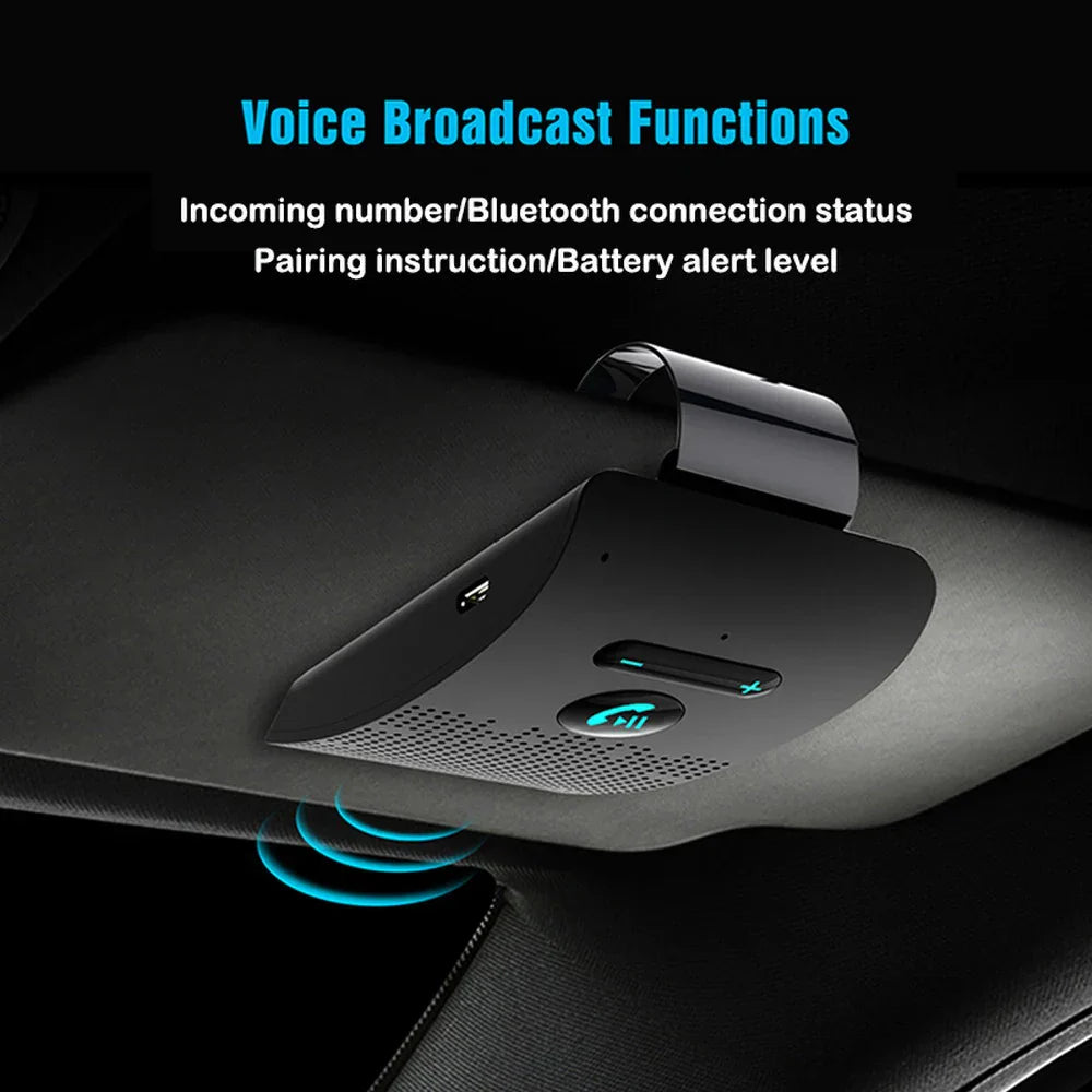 Black handsfree car kit with sleek design and glowing blue lights featuring noise cancelling wireless audio receiver