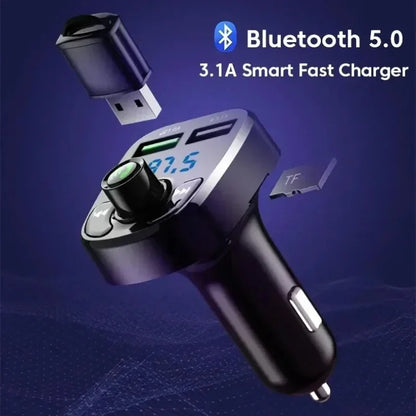 Black dual usb car kit charger with bluetooth 5.0 and digital display showing 3.1a fast charging for mp3 car bluetooth use