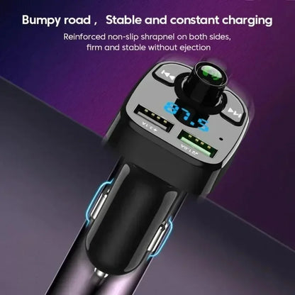 Black mp3 car bluetooth with dual usb car ports, central volume knob, blue digital display, and car kit charger functions