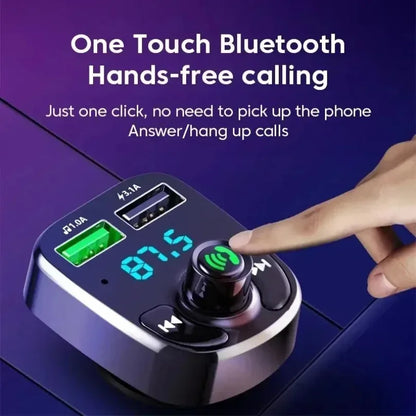Black and silver mp3 car bluetooth adapter with dual usb car ports and green led display showing time and call controls
