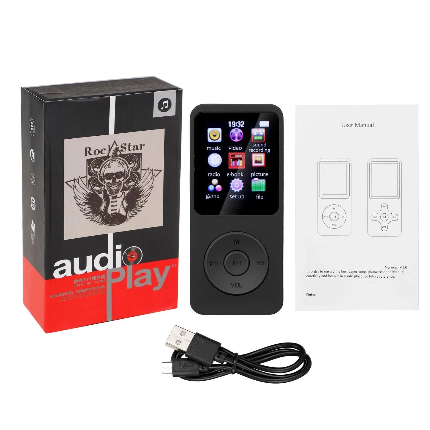 Black rocstar bluetooth 5.0 mp4 mp3 player with circular control pad and colorful touchscreen for radio e-book recording