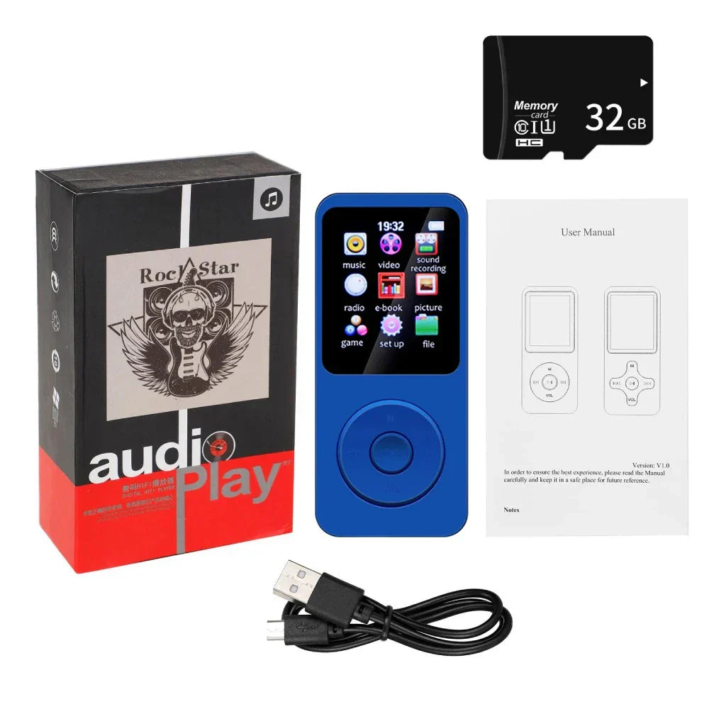 Blue rectangular bluetooth 5.0 mp4 mp3 player with circular control button and colorful screen showing radio e-book recording icons