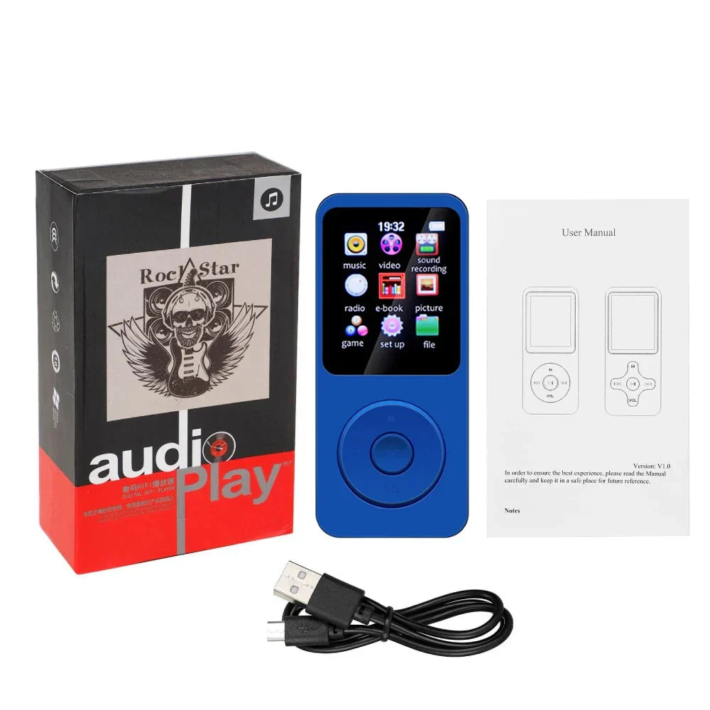 Blue rectangular bluetooth 5.0 mp4 mp3 player with circular control pad and colorful screen icons for radio e-book recording