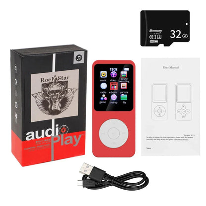 Red rockstar mp4 mp3 player with circular white control pad and colorful touchscreen supports radio e-book recording