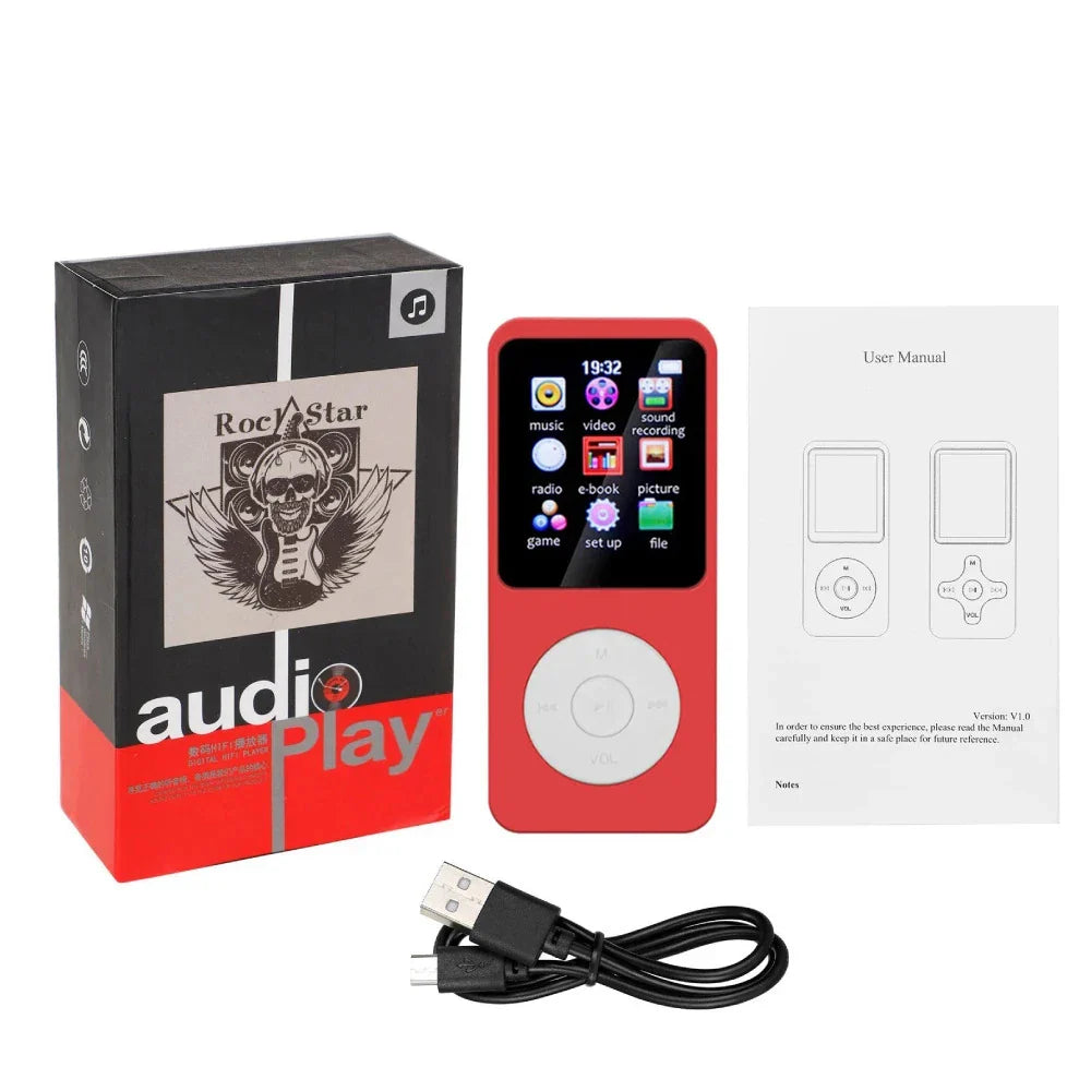 Red rockstar bluetooth 5.0 mp4 mp3 player with circular control pad and colorful touchscreen supports radio e-book recording