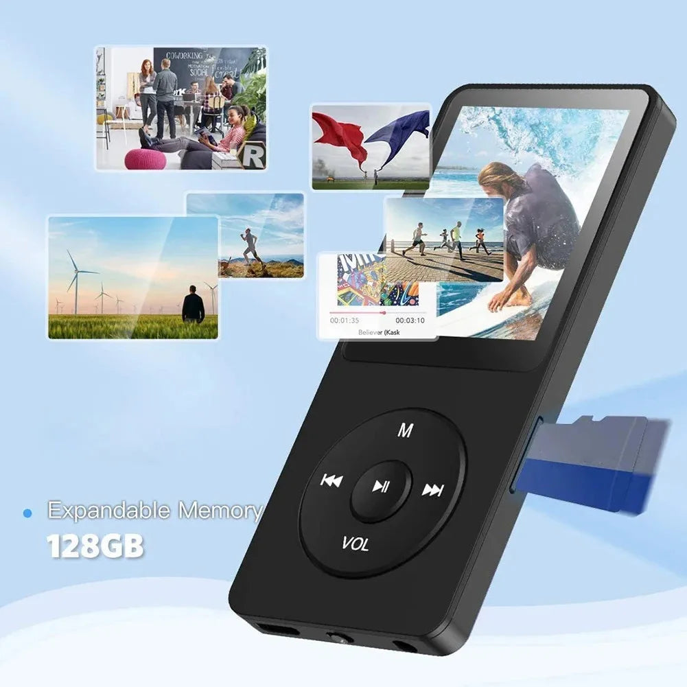 Black rectangular bluetooth 5.0 mp4 mp3 player with touchscreen, circular buttons, blue sd card slot, and radio e-book recording support