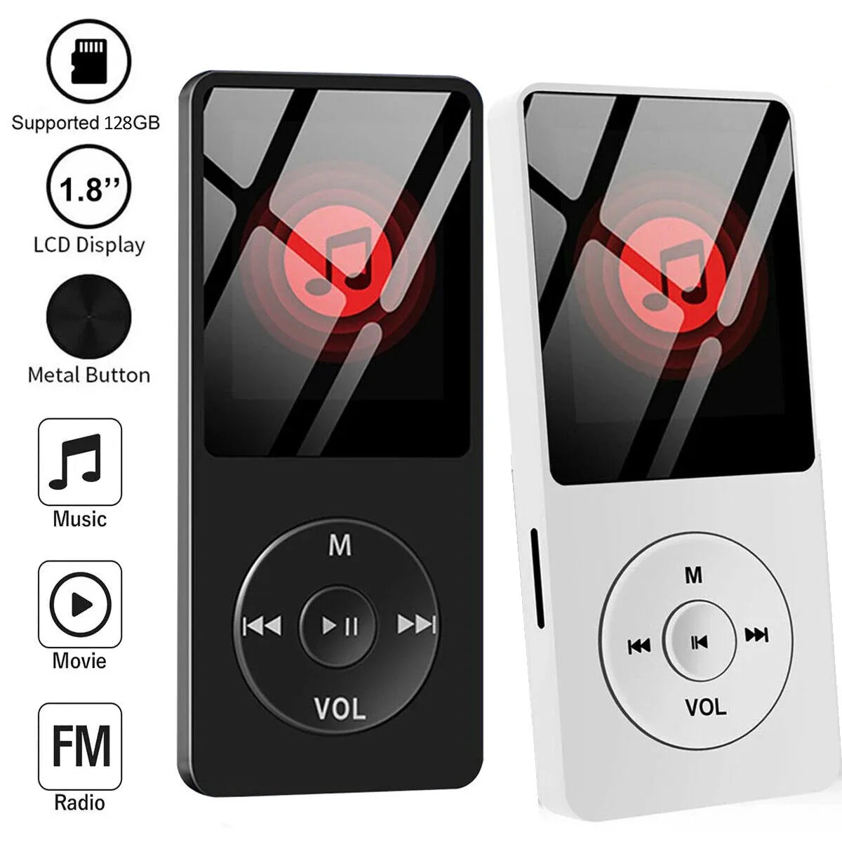 Black and white metal button mp4 mp3 player with 1.8 inch screen supports radio e-book recording and portable use