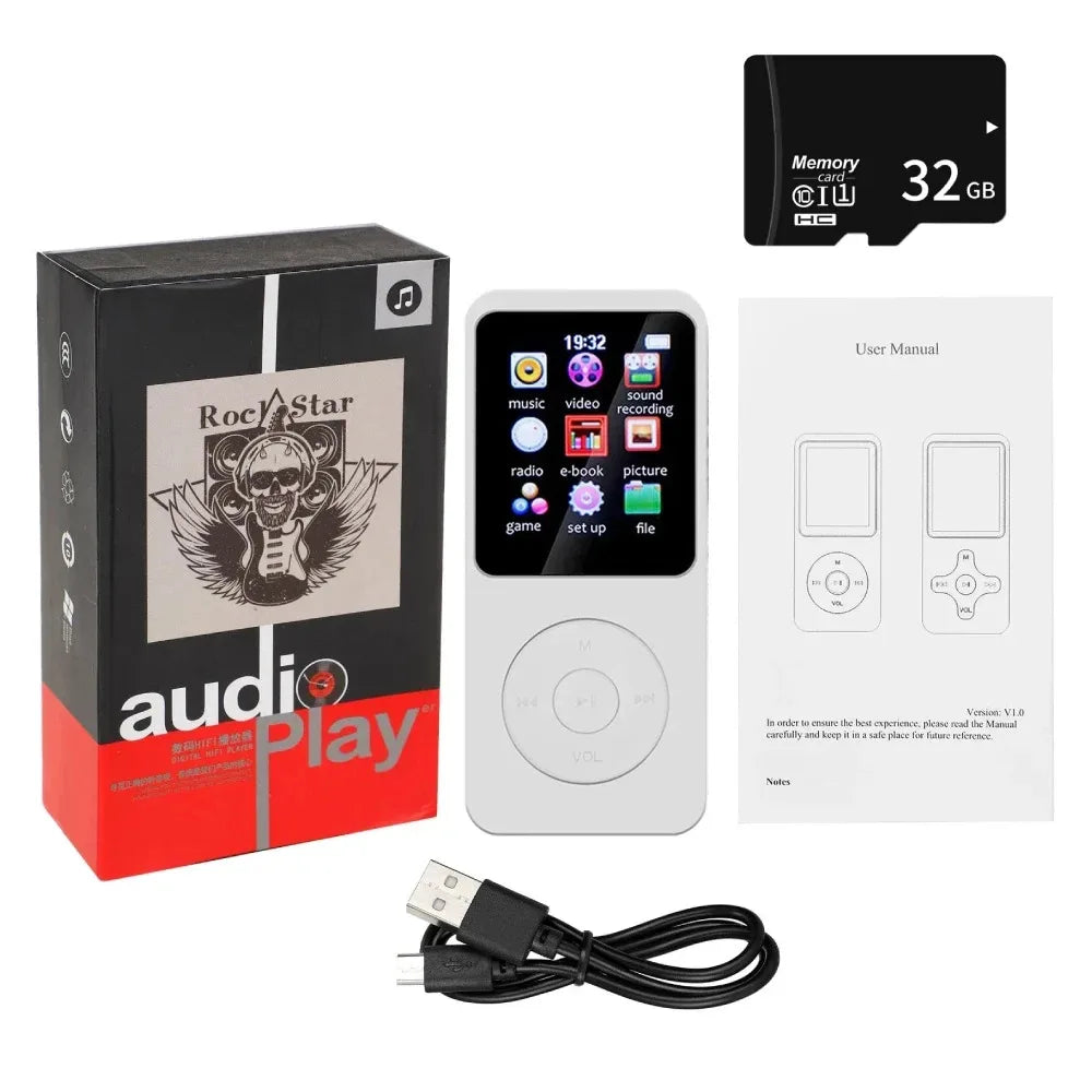 White rectangular bluetooth 5.0 mp4 mp3 player with touchscreen displaying app icons and circular navigation buttons for radio e-book recording