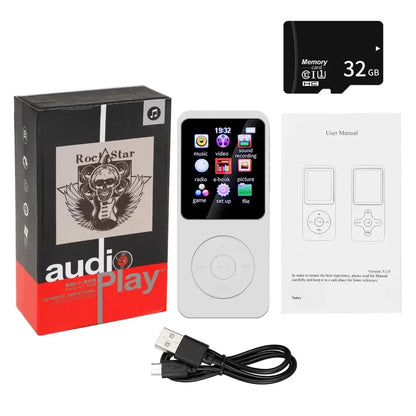 White rectangular bluetooth 5.0 mp4 mp3 player with touchscreen displaying app icons and circular navigation buttons for radio e-book recording