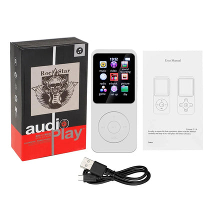 White rocstar bluetooth 5.0 mp4 mp3 player with circular control pad and colorful touchscreen display supports radio e-book recording