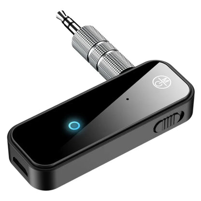 Black bluetooth 5.0 transmitter receiver with silver 3.5mm jack and blue indicator light for music aux handsfree use