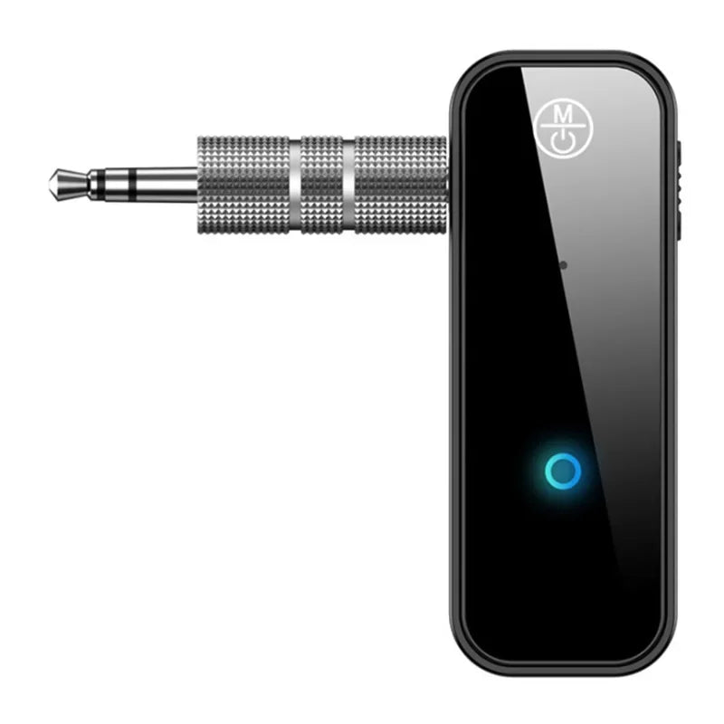 Black bluetooth 5.0 transmitter receiver with textured silver 3.5mm jack and blue power light for music aux handsfree use