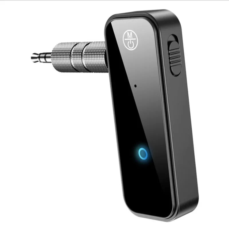 Black bluetooth 5.0 transmitter receiver with silver 3.5mm jack and blue indicator light for music aux handsfree use