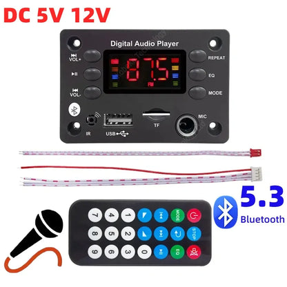 Black bluetooth 5.1 mp3 wma wav decoder board with red led display remote 5mm microphone for car audio music