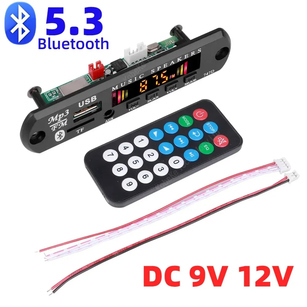 Black bluetooth 5.1 mp3 wma wav decoder board with digital display usb fm inputs and matching remote for car audio music with 5mm microphone