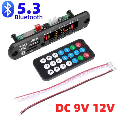 Black bluetooth 5.1 mp3 wma wav decoder board with digital display usb fm inputs and matching remote for car audio music with 5mm microphone